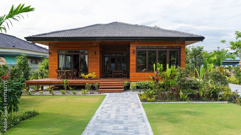 A modern, tropical home with a wooden exterior, tiled patio, and lush greenery. A modern, tropical home with a wooden exterior, tiled patio, and lush greenery.