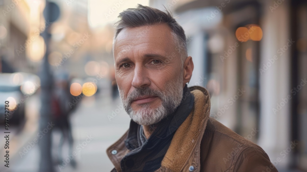 Middle-aged model displaying a fresh haircut, captured in a stylish urban backdrop. Middle-aged model displaying a fresh haircut, captured in a stylish urban backdrop.