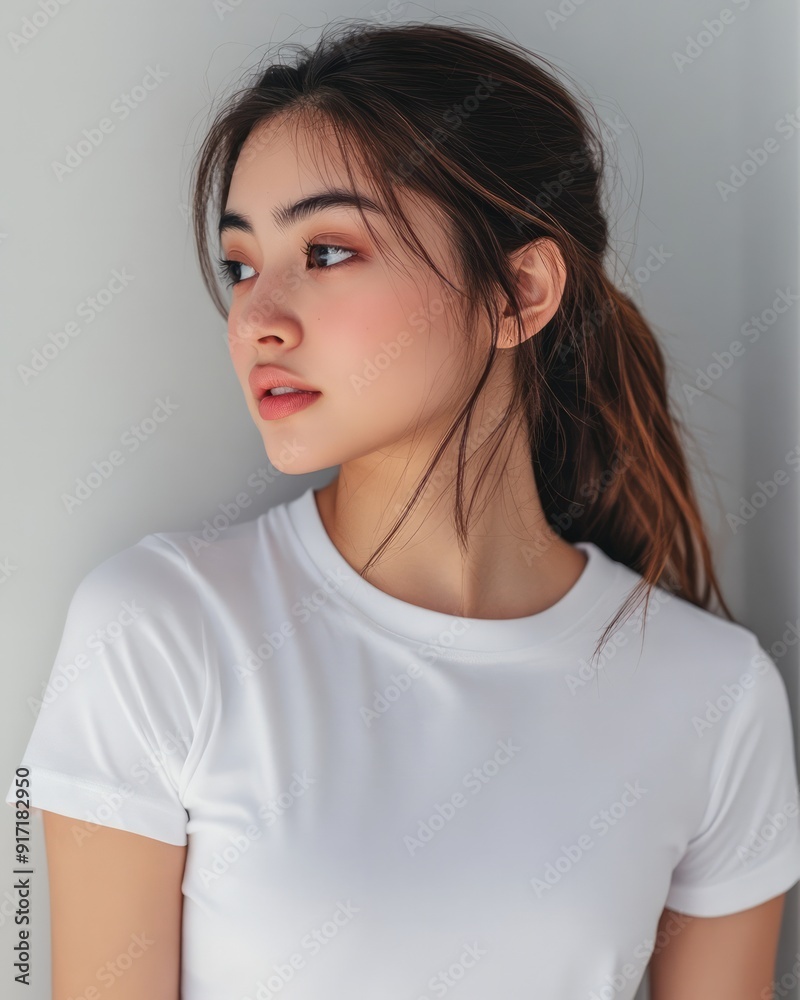A young woman showcases a blank white t-shirt in a minimalist setting