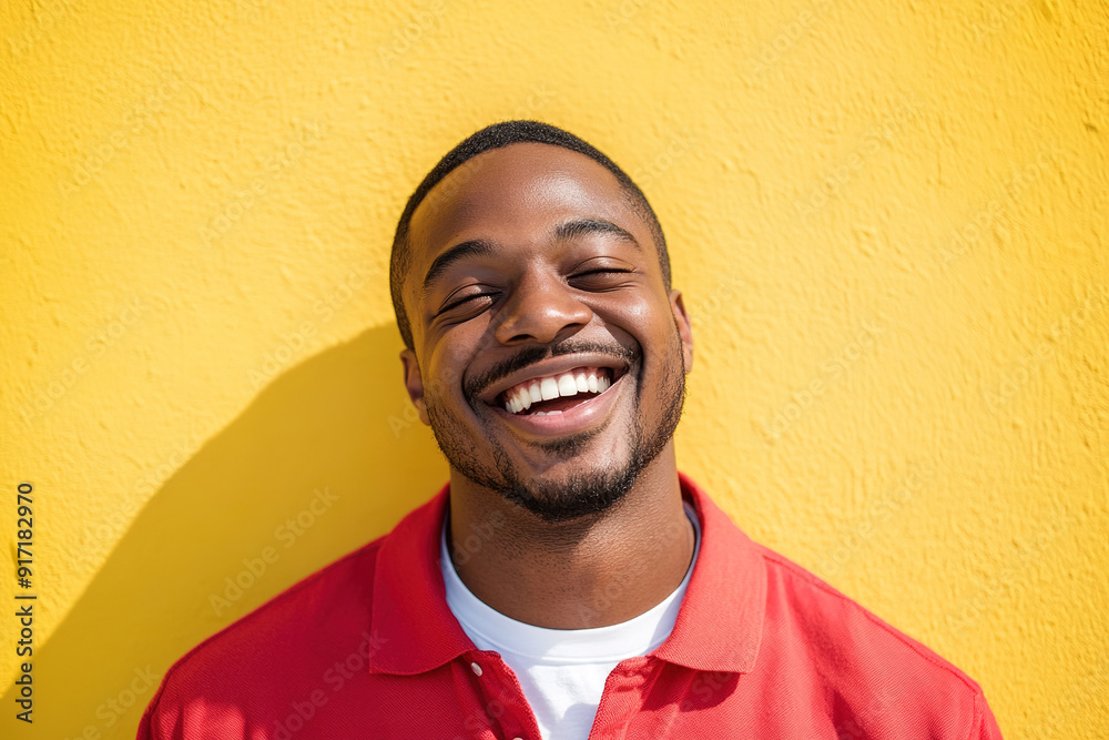 High-Quality Headshot of a Laughing Black Man, Sunlit and Smiling, Wearing a Red Shirt and White T-Shirt, Set Against a Yellow Wall High-Quality Headshot of a Laughing Black Man, Sunlit and Smiling, Wearing a Red Shirt and White T-Shirt, Set Against a Yellow Wall