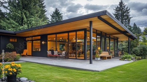 Modern home with large windows, patio, and lush green lawn.