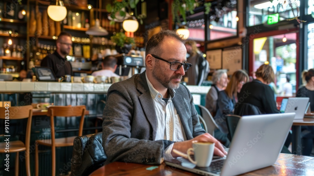 Professional working on laptop in a busy coffee shop Professional working on laptop in a busy coffee shop