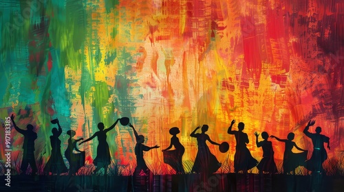 Fototapeta Naklejka Na Ścianę i Meble -  Silhouetted figures celebrating cultural traditions against a vibrant, textured wallpaper background with ample copy space 