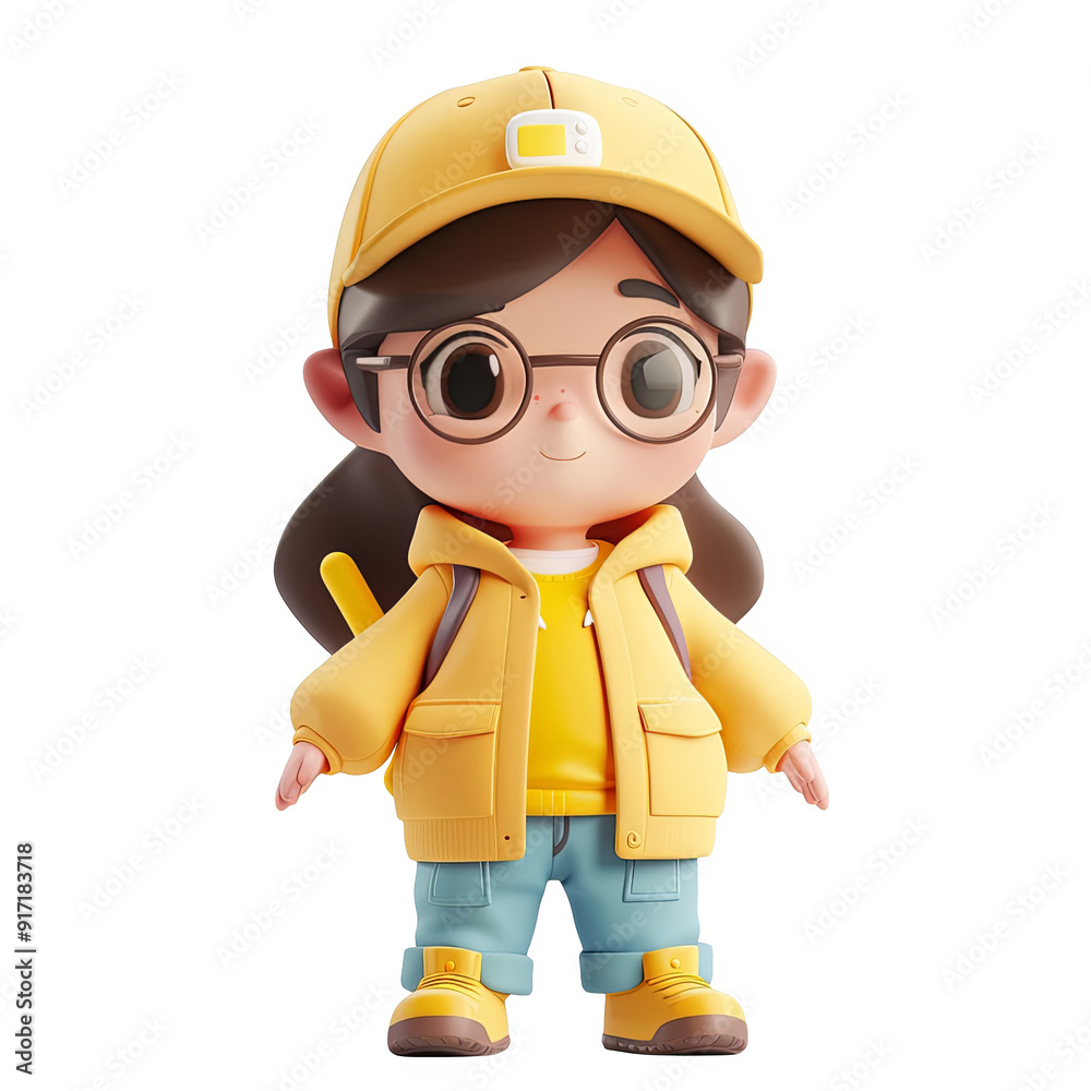Cute Cartoon Character Girl in Yellow Raincoat and Glasses 3D Illustration PNG Set for Design Projects and Marketing Materials Cute Cartoon Character Girl in Yellow Raincoat and Glasses 3D Illustration PNG Set for Design Projects and Marketing Materials