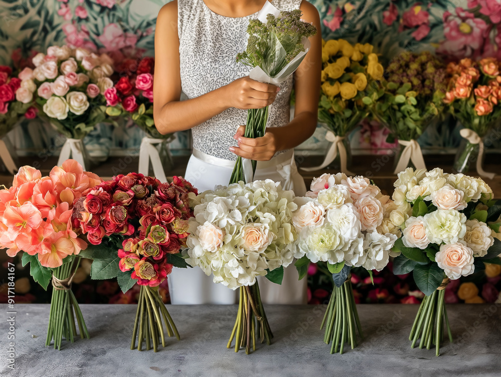 A woman is holding a bouquet of flowers in front of a table with several other bouquets A woman is holding a bouquet of flowers in front of a table with several other bouquets