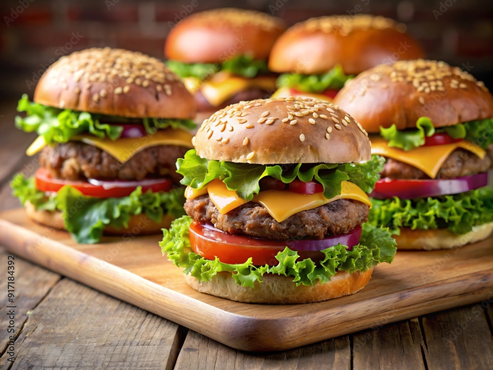 A delicious cheeseburgers on both a wooden and a black background A delicious cheeseburgers on both a wooden and a black background