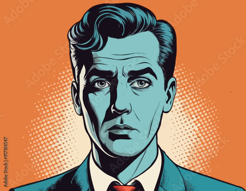 Portrait of sad man. Sadness. Surprised man. Concept idea of advertisement and promo. Pop art retro style illustration. People in retro style. Halftone background
