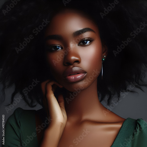 Confident Attitude Beautiful Good Looking High Fashion Studio Portrait, Serious Young Black Businesswoman Woman Model Wearing Soft Sweater Green Garment Apparel Fabric Clothing Bold Dramatic Lighting photo