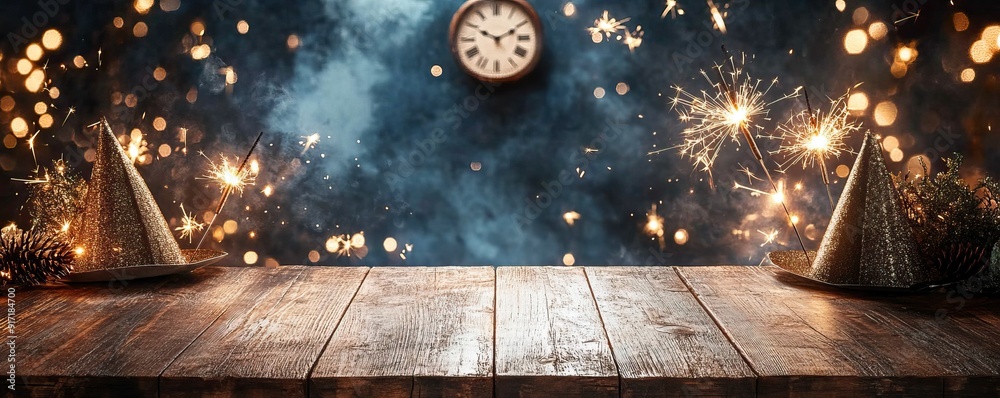 Festive wooden counter mockup with a backdrop of a clock striking midnight Festive wooden counter mockup with a backdrop of a clock striking midnight