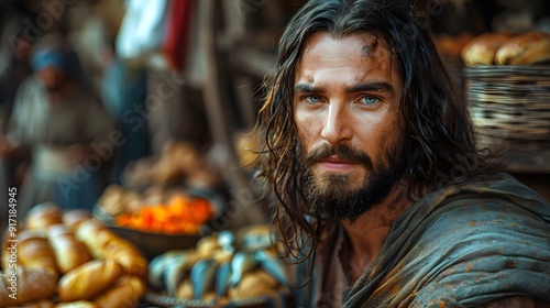 Close-up of Jesus with multiplying loaves and fish around him, focus on the detailed textures of the food, background of a tranquil countryside, warm and serene lighting, hd quality,