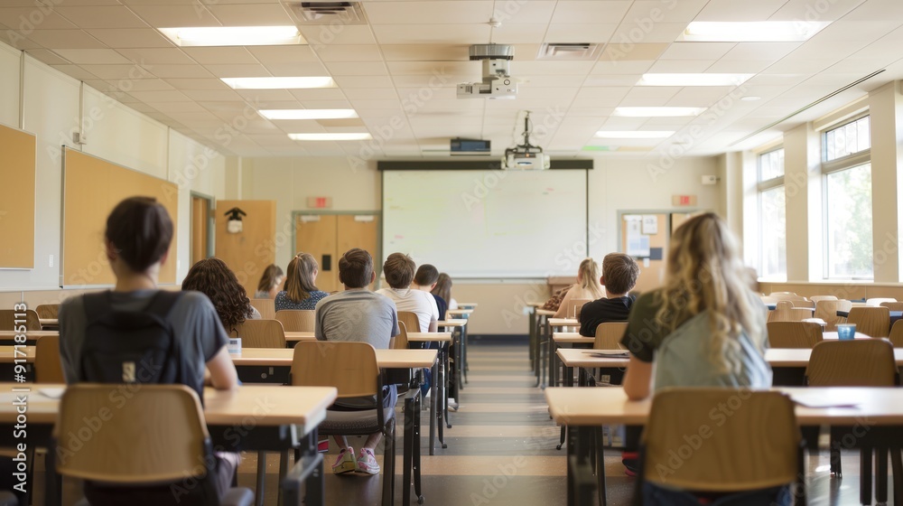 Quiet university classroom with students focused on individual study tasks. Quiet university classroom with students focused on individual study tasks.