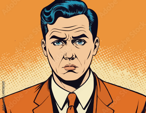 Portrait of sad man. Sadness. Surprised man. Concept idea of advertisement and promo. Pop art retro style illustration. People in retro style. Halftone background