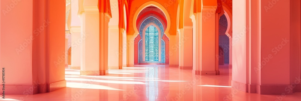 Fototapeta premium mosques Wallpaper with copy space, intricate architectural details captured in vibrant colors, 2D flat lay design, high-definition photography, minimalist background for versatile use, serene and invi