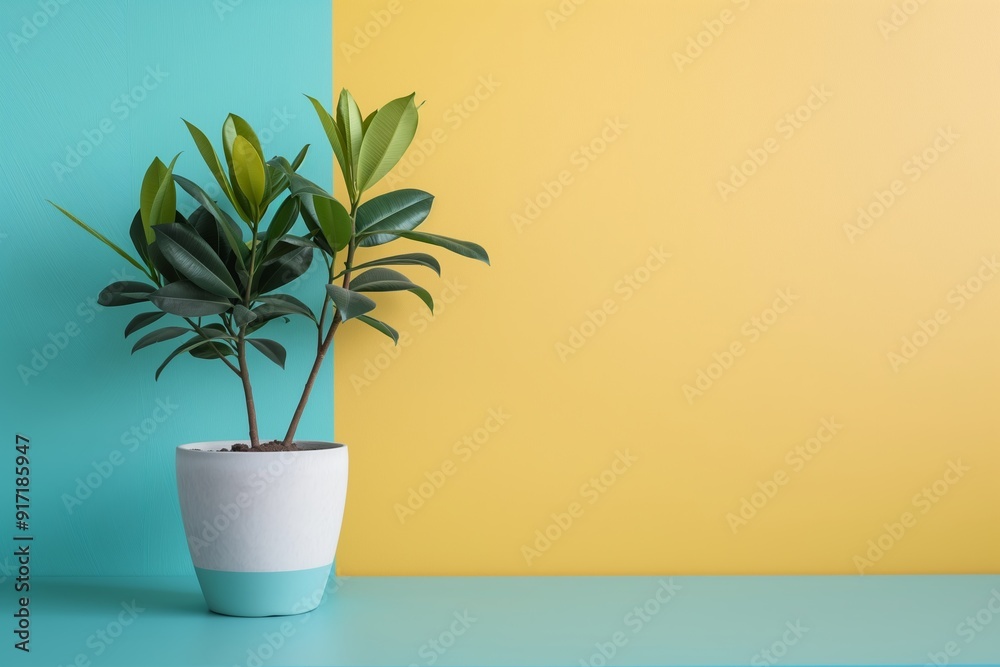 A ficus plant in a white pot is placed against a vibrant two-toned yellow and turquoise background, enhancing its visual appeal. A ficus plant in a white pot is placed against a vibrant two-toned yellow and turquoise background, enhancing its visual appeal.