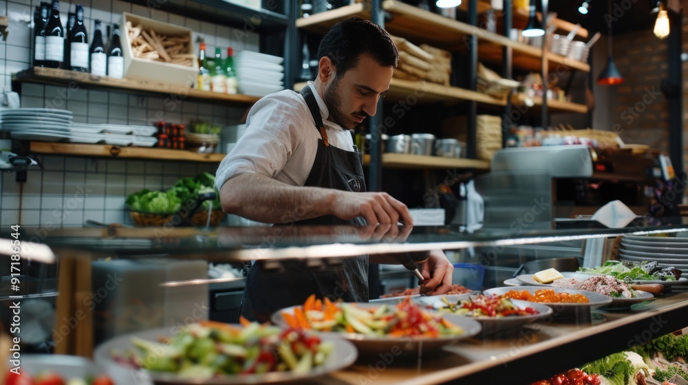 Staff member in a neat apron, preparing salads and other fresh dishes in a deli. Staff member in a neat apron, preparing salads and other fresh dishes in a deli.