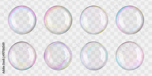 Transparent soap foam balls in air. 3D iridescent rainbow spheres and textured circles float on white png. Glass plastic mirror reflections on big bath bead. Shiny pastel blown day-dreaming bubbles