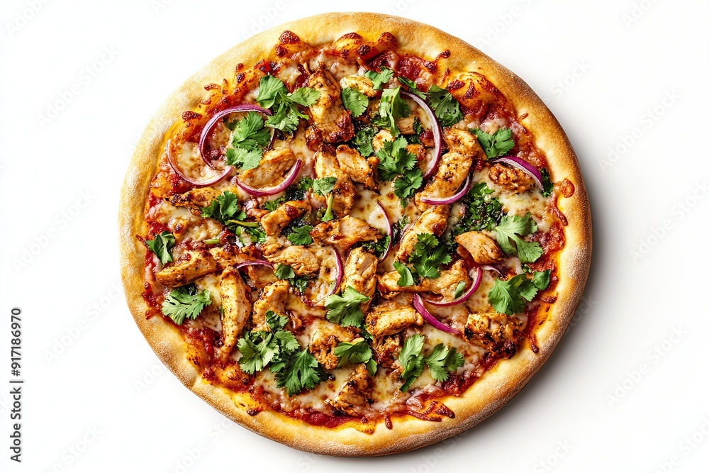 BBQ chicken pizza with red onions and cilantro isolated on a white, top view BBQ chicken pizza with red onions and cilantro isolated on a white, top view