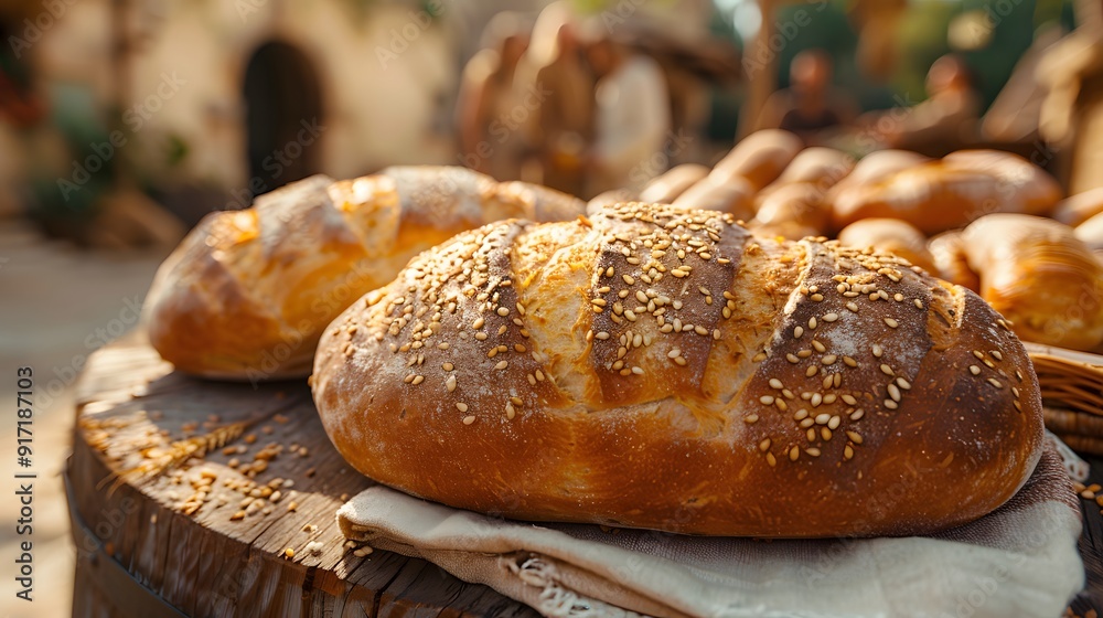 Detailed view of five loaves and two fish on a rustic table, Jesus' hands softly blurred in the background, intricate textures, serene outdoor setting, warm sunlight creating gentle shadows, Detailed view of five loaves and two fish on a rustic table, Jesus' hands softly blurred in the background, intricate textures, serene outdoor setting, warm sunlight creating gentle shadows,
