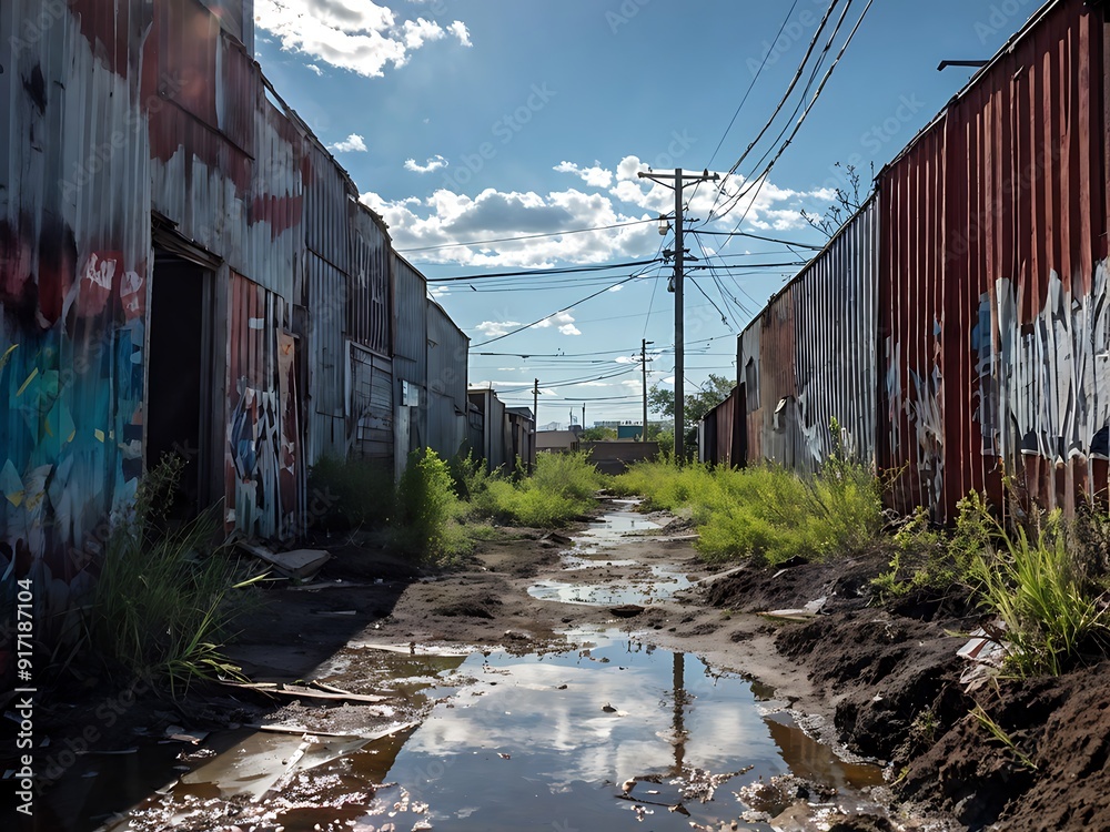 Graffiti-Covered Alley with a Puddle and Overcast Sky Graffiti-Covered Alley with a Puddle and Overcast Sky