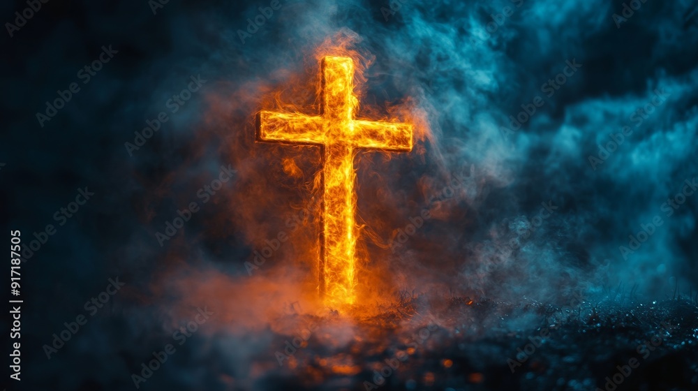 Glowing fiery cross in dark smoky background Glowing fiery cross in dark smoky background