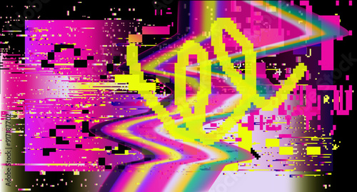 Retrofuturistic abstract background with pixelated glitches and ambient light leak effects.