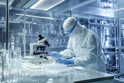 A scientist in a lab coat is wearing a mask