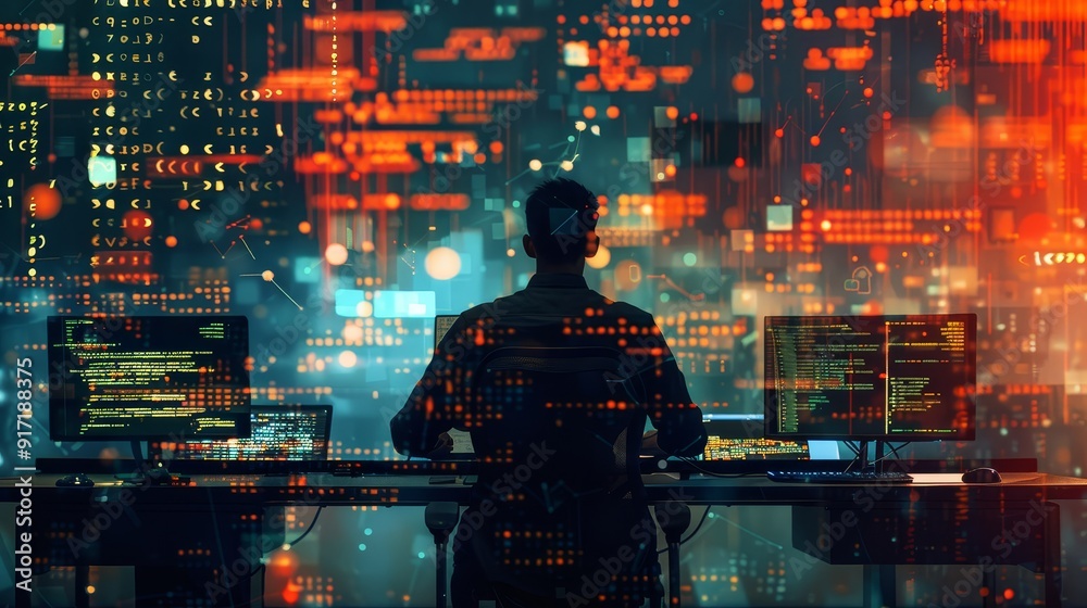 Create a stock photo featuring a silhouetted computer programmer working intensively at a desk, surrounded by an intricate mix of code on multiple monitors and essential job background elements, in a Create a stock photo featuring a silhouetted computer programmer working intensively at a desk, surrounded by an intricate mix of code on multiple monitors and essential job background elements, in a