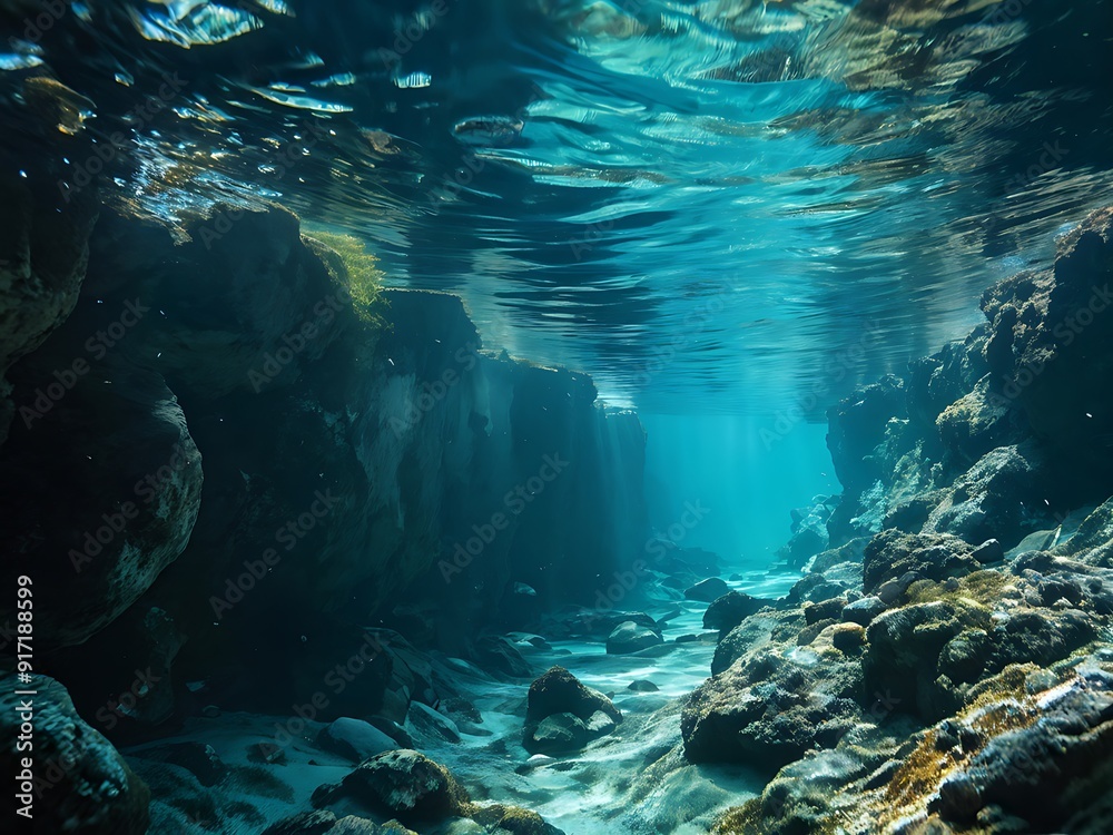Underwater Cave with Sunlight Shining Through