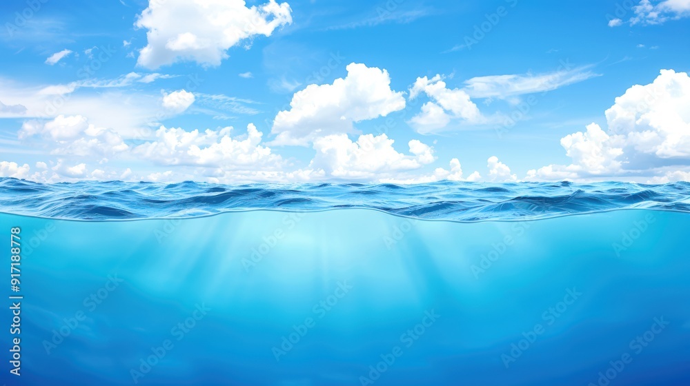 Clear blue ocean water under a bright sky with fluffy white clouds, creating a peaceful and serene seascape. Clear blue ocean water under a bright sky with fluffy white clouds, creating a peaceful and serene seascape.