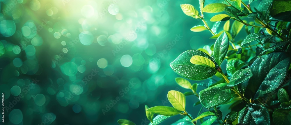 Vibrant green leaves with morning dew on a blurred bokeh background, capturing the essence of nature and tranquility.