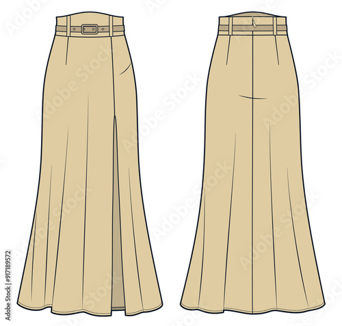 Long Bias Skirt technical fashion illustration. High Waist Skirt fashion flat technical drawing template, belt, A-line, zipper, front and back view, beige, women Skirt CAD mockup.