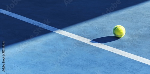 Sleek Contour: A Tennis Ball Resting on a Blue Court with White Lines, Exuding a Striking Visual Impact Through Minimalist Design and Bold Shadows