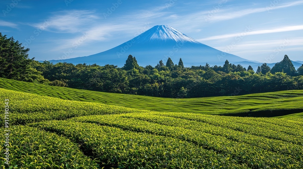 A lush tea garden with the top of tea leaves glistening under the sun, set against the breathtaking view of Mount Fuji, evoking a sense of tranquility and harmony. A lush tea garden with the top of tea leaves glistening under the sun, set against the breathtaking view of Mount Fuji, evoking a sense of tranquility and harmony.