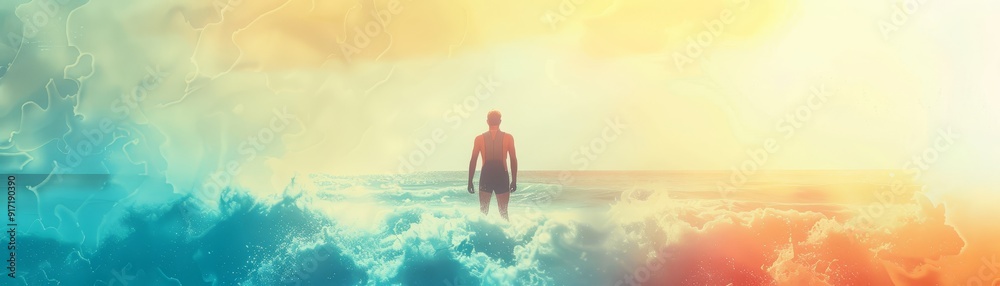 Obraz premium Lifeguard; double exposure of lifeguard with beach waves in silhouette; minimal background with soft pastel colors; spacious layout suitable for wallpaper with ample copy space 