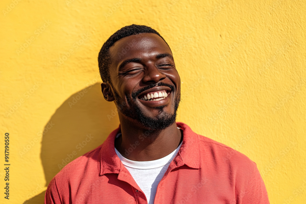Elegant Portrait of a Black Man with a Warm Smile, Sunlight Illuminating His Face, Red and White Attire, Against a Yellow Background Elegant Portrait of a Black Man with a Warm Smile, Sunlight Illuminating His Face, Red and White Attire, Against a Yellow Background