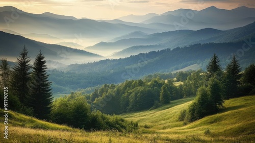 A peaceful landscape of the Carpathian mountains, with rolling hills disappearing into the haze, evoking tranquility and natural beauty.