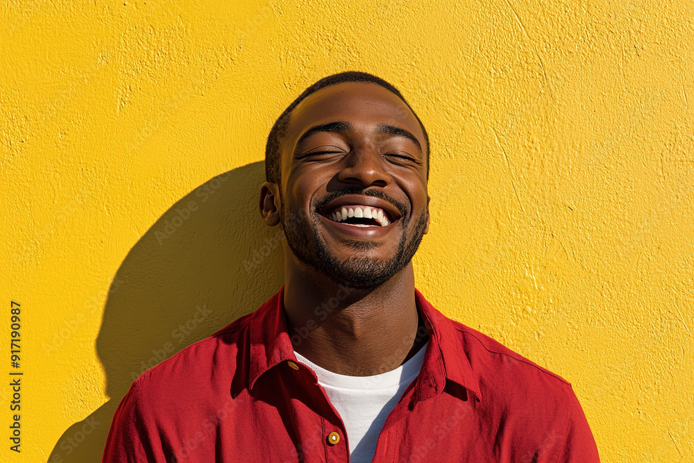 Elegant Portrait of a Black Man with a Warm Smile, Sunlight Illuminating His Face, Red and White Attire, Against a Yellow Background