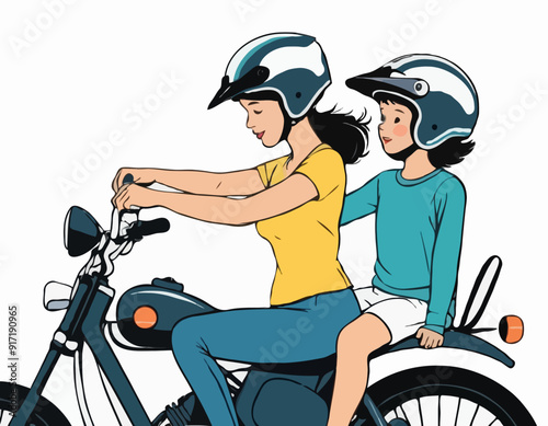 Mom puts on her son's helmet for a safe ride. Mom teaches her son to ride a cycle hand-drawn picture. The character of a woman with her son riding a motobike