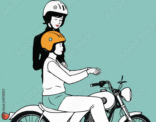 Mom puts on her son's helmet for a safe ride. Mom teaches her son to ride a cycle hand-drawn picture. The character of a woman with her son riding a motobike