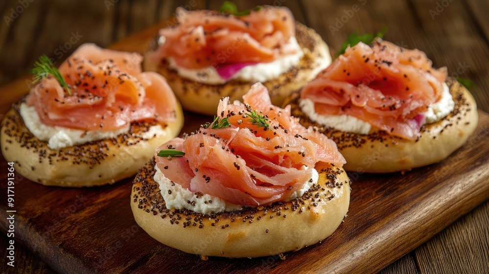 A savory breakfast platter of bagels with creamy cheese and smoked lox, offering a mouthwatering display of gourmet flavors and aromas. A savory breakfast platter of bagels with creamy cheese and smoked lox, offering a mouthwatering display of gourmet flavors and aromas.