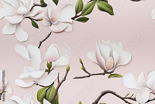  Seamless Vintage Watercolor White Magnolia French Floral with Leaves Textile, Fabric Design, and Elegant Home Styling on Lite Pink Background, HD wall Stickers, Wallpaper