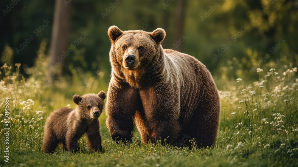 Obraz premium Wildlife view from nature .bear with a cub in the open forest with white flowers.