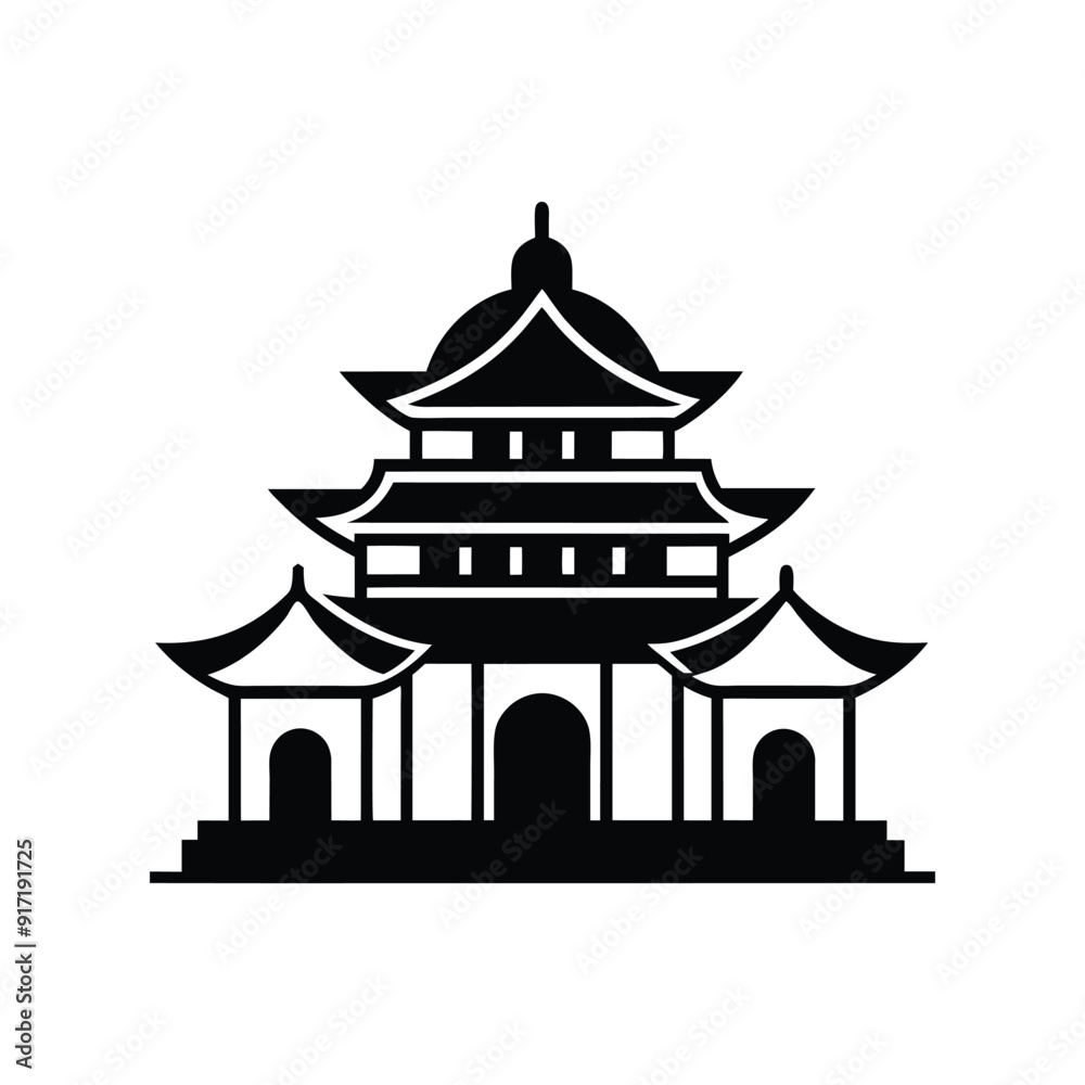 Fototapeta premium Chinese house black silhouette on white background, Chinese national building pagoda. Vector drawing Isolated on a white background. Silhouette Chinese architecture stock illustration