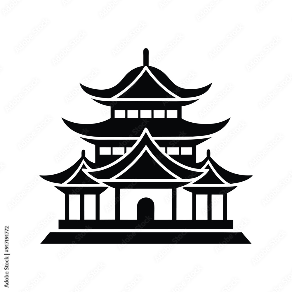 Chinese house black silhouette on white background, Chinese national building pagoda. Vector drawing Isolated on a white background. Silhouette Chinese architecture stock illustration Chinese house black silhouette on white background, Chinese national building pagoda. Vector drawing Isolated on a white background. Silhouette Chinese architecture stock illustration
