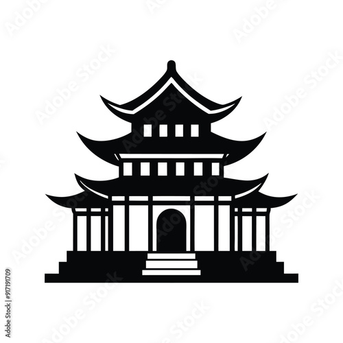 Chinese house black silhouette on white background, Chinese national building pagoda. Vector drawing Isolated on a white background. Silhouette Chinese architecture stock illustration