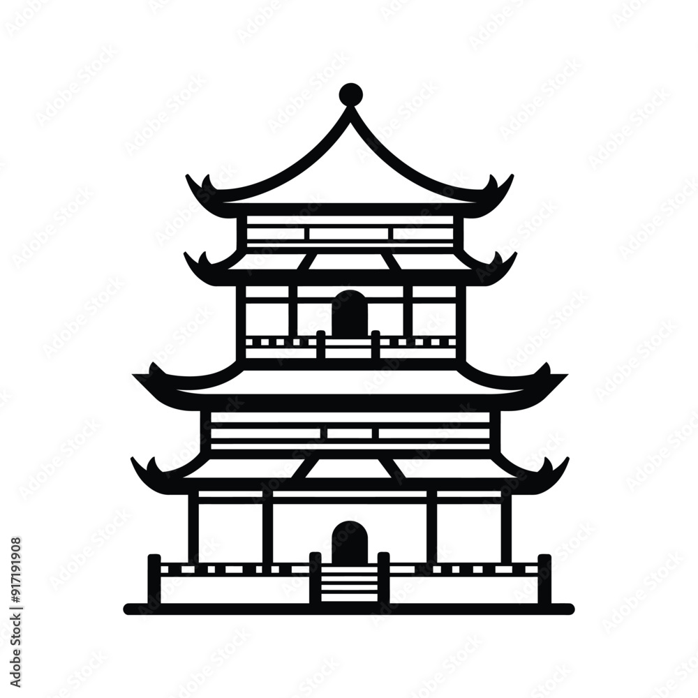 Chinese house black silhouette on white background, Chinese national building pagoda. Vector drawing Isolated on a white background. Silhouette Chinese architecture stock illustration Chinese house black silhouette on white background, Chinese national building pagoda. Vector drawing Isolated on a white background. Silhouette Chinese architecture stock illustration