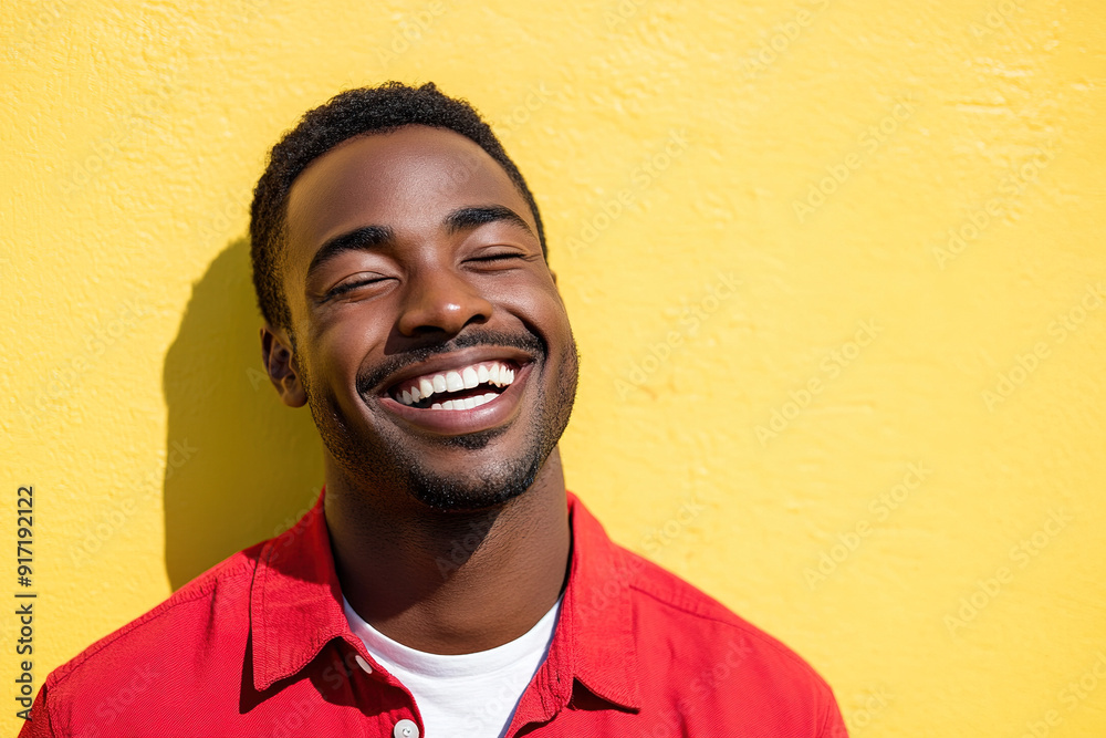 Elegant Portrait of a Black Man with a Warm Smile, Sunlight Illuminating His Face, Red and White Attire, Against a Yellow Background Elegant Portrait of a Black Man with a Warm Smile, Sunlight Illuminating His Face, Red and White Attire, Against a Yellow Background
