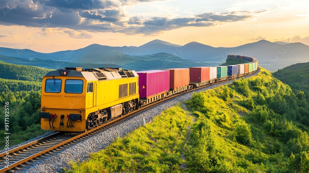 A vibrant yellow train freight travels through lush green hills at sunset, showcasing the beauty of nature and transport.