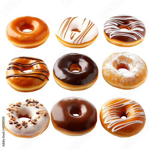 Set, colletcion of different decorated donuts icons isolated photo