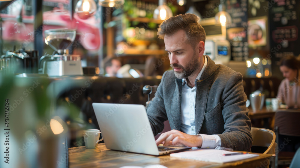 Man working on laptop in a busy coffee shop environment Man working on laptop in a busy coffee shop environment